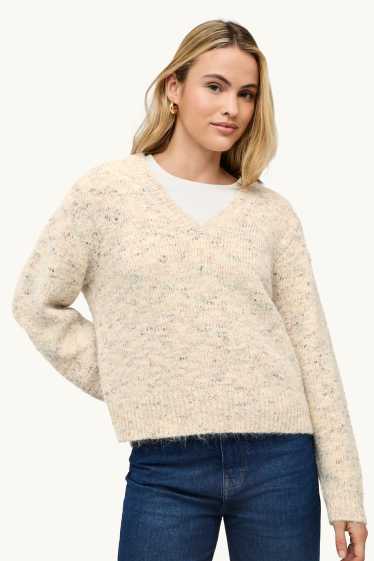 Damen - Pullover mit V-Ausschnitt - beige-melange