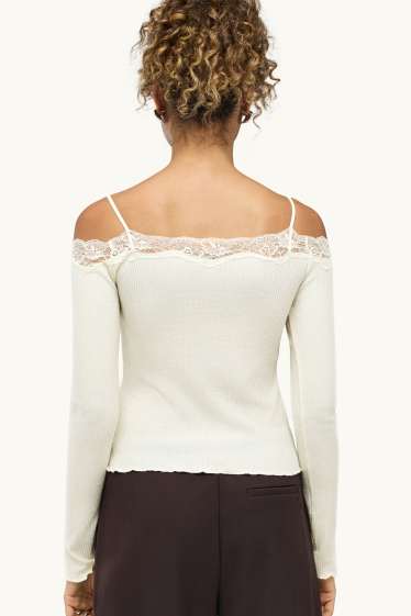 Femmes - Haut à manches longues - slim fit - finition côtelée - blanc crème