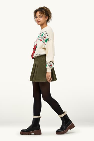 Femei - Fustă pantaloni scurtă din catifea reiată - verde închis