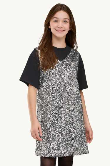 Copii - Fete - Set - tricou cu mânecă scurtă și rochie cu paiete - 2 piese - negru / argintiu