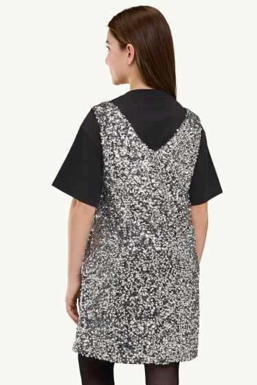 Copii - Fete - Set - tricou cu mânecă scurtă și rochie cu paiete - 2 piese - negru / argintiu