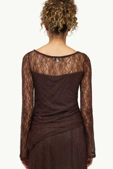 Dámské - Krajkové tričko s dlouhým rukávem - slim fit - tmavohnědá