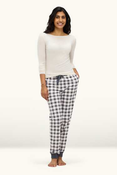 Women - Fleece pyjama bottoms - check - dark blue / creme white