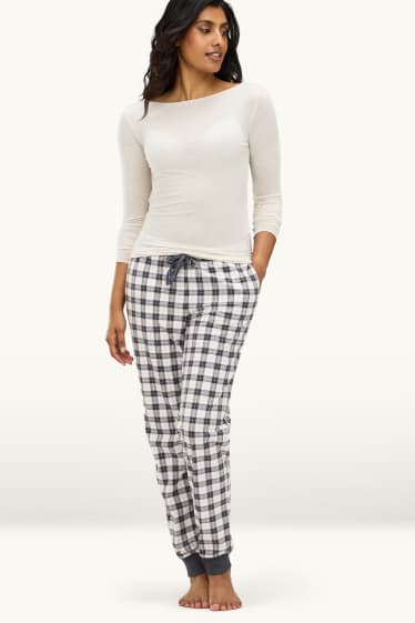Women - Fleece pyjama bottoms - check - dark blue / creme white