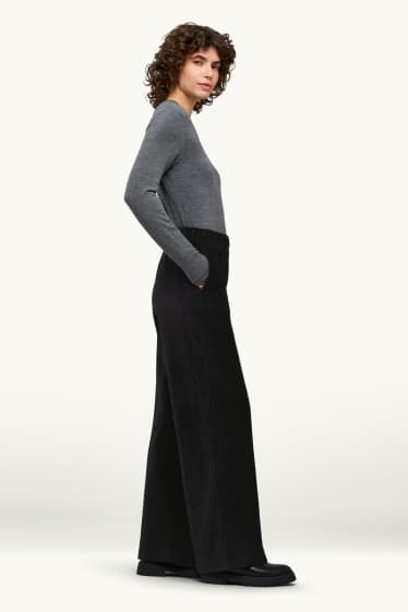 Dames - Broek van corduroy - high waist - wide leg - zwart