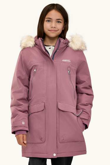 Children Girls - Rain jacket with hood and faux fur collar - waterproof - dark rose