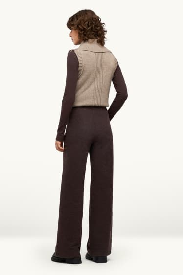 Donna - Pantaloni bouclé - vita alta - gamba ampia - marrone scuro