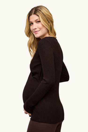 Women - Long sleeve nursing top - regular fit - ribbed - dark brown