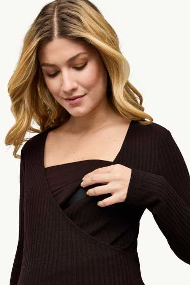 Women - Long sleeve nursing top - regular fit - ribbed - dark brown