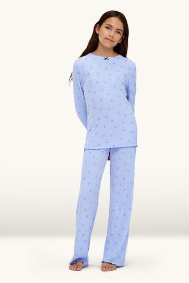 Copii - Fete - Floare - pijama - reiat - 2 piese - albastru deschis