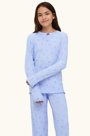 Copii - Fete - Floare - pijama - reiat - 2 piese - albastru deschis