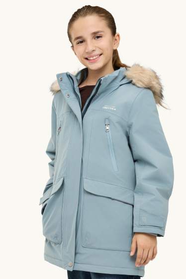 Kinder Mädchen - Regenjacke mit Kapuze und Kunstfellkragen - wasserdicht - hellblau