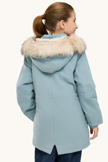 Kinder Mädchen - Regenjacke mit Kapuze und Kunstfellkragen - wasserdicht - hellblau