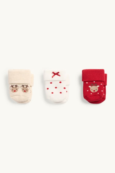 Baby Mädchen - Multipack 3er - Erstlings-Weihnachts-Noppensocken mit Motiv - rot / beige