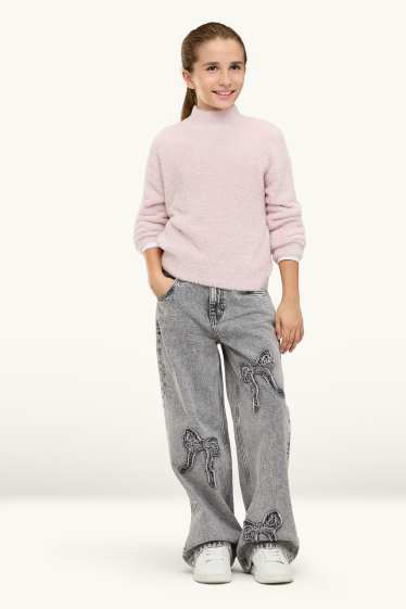 Bambine - Fiocco - jeans a gamba ampia - vita media - jeans grigio chiaro