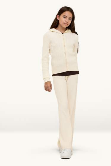 Bambine - Coordinato - cardigan e pantaloni di stoffa - 2 pezzi - motivo a treccia - crema