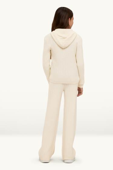 Bambine - Coordinato - cardigan e pantaloni di stoffa - 2 pezzi - motivo a treccia - crema