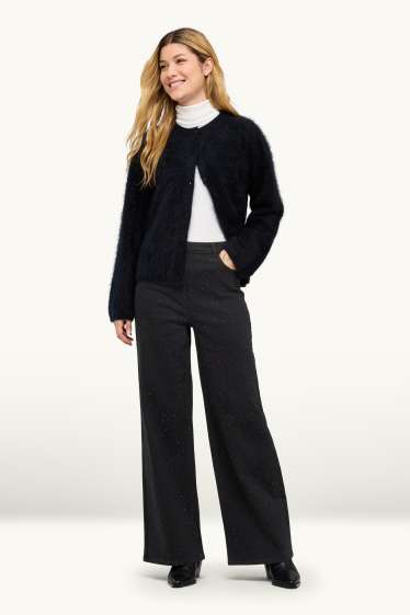 Femmes - Pantalon en toile avec pierres de strass - high waist - wide leg - noir