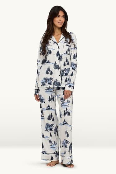 Damen - Fleece-Pyjama - gemustert - weiß / blau