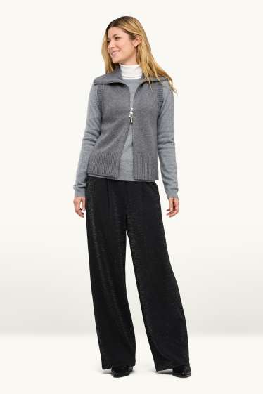 Women - Cloth trousers with belt - high waist - wide leg - shiny - black