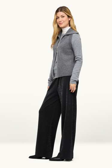 Women - Cloth trousers with belt - high waist - wide leg - shiny - black