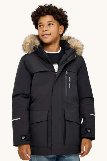 Bambini - Parka con riporto di ecopelliccia - foderato - impermeabile - nero / beige