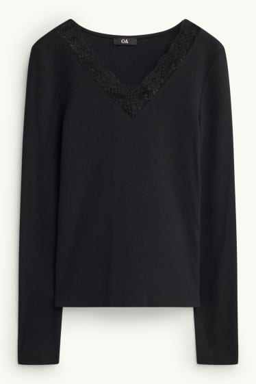 Damen - Langarmshirt mit V-Ausschnitt - Regular Fit - gerippt - schwarz