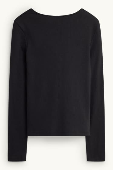 Damen - Langarmshirt mit V-Ausschnitt - Regular Fit - gerippt - schwarz