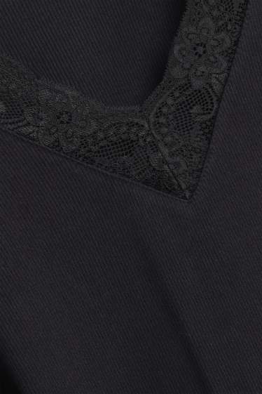 Damen - Langarmshirt mit V-Ausschnitt - Regular Fit - gerippt - schwarz