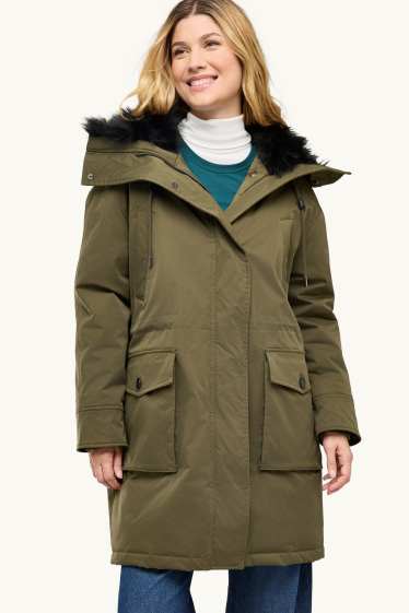 Femmes - Parka à capuche avec une garniture en imitation fourrure - déperlante - kaki