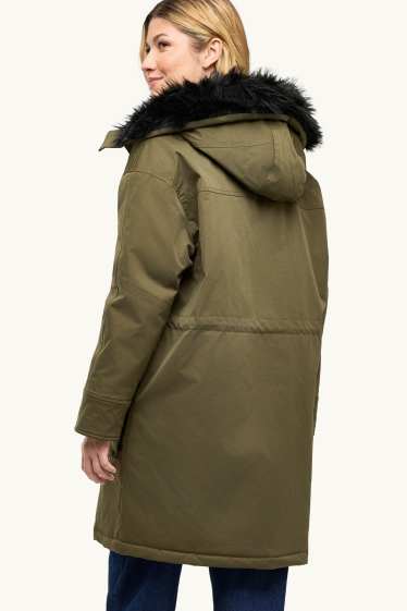 Femmes - Parka à capuche avec une garniture en imitation fourrure - déperlante - kaki