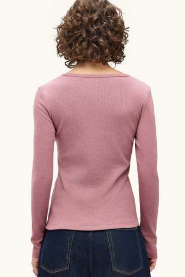 Dámské - Tričko s dlouhým rukávem - slim fit - žebrované - narůžovělá