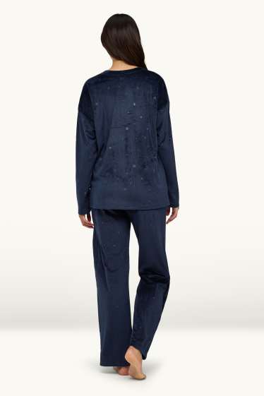 Femmes - Pyjama - finition côtelée - bleu foncé