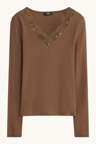 Women - Long sleeve V-neck top - regular fit - ribbed - brown