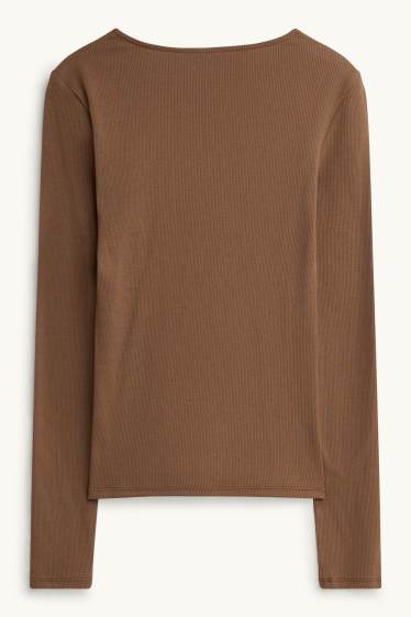 Women - Long sleeve V-neck top - regular fit - ribbed - brown