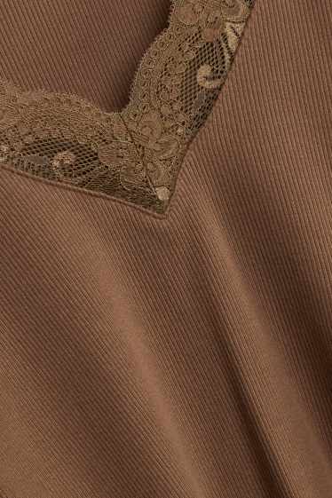 Women - Long sleeve V-neck top - regular fit - ribbed - brown