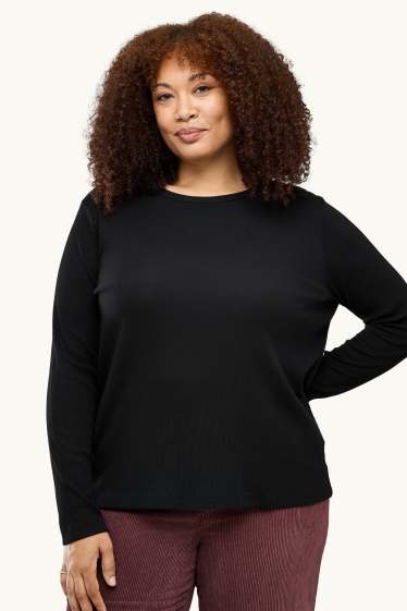 Damen - Langarmshirt - Slim Fit - gerippt - schwarz