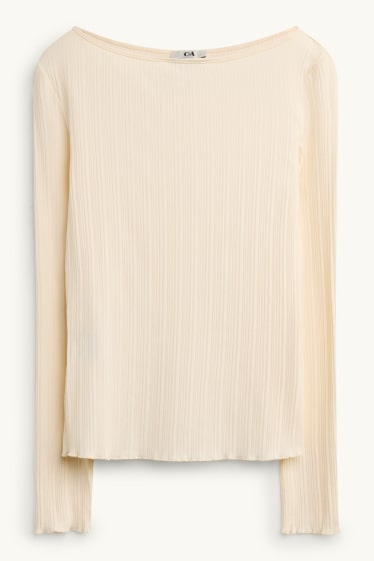 Femei - Tricou cu mânecă lungă - slim fit - reiat - alb-crem