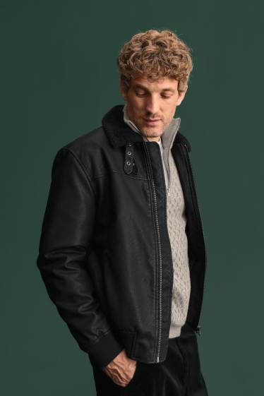 Hommes - Veste avec garniture en imitation fourrure - doublé - matière synthétique - noir