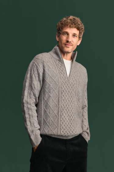 Hommes - Pull - motif tressé - gris clair