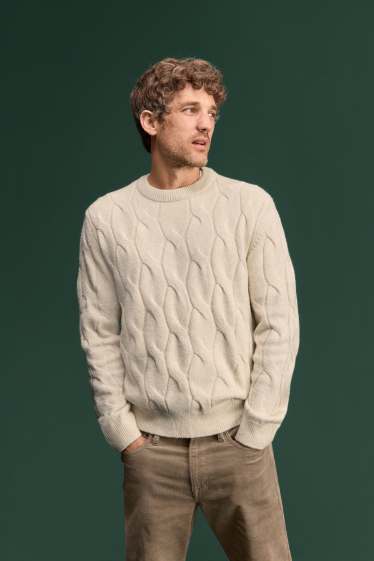 Hommes - Pull - motif tressé - crème