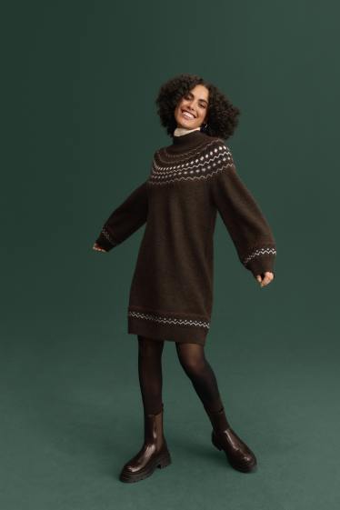 Dona - Vestit de punt - straight fit - amb dibuix - marró fosc