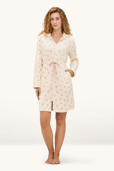 Damen - Fleece-Bademantel mit Kapuze - gemustert - cremefarben