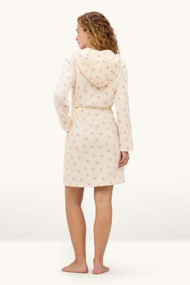 Damen - Fleece-Bademantel mit Kapuze - gemustert - cremefarben