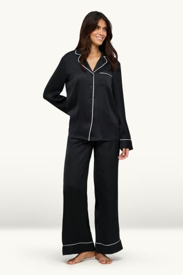 Damen - Satin-Pyjama - schwarz / weiß