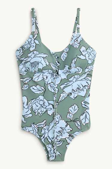 Dona - Banyador - enconxat - LYCRA® - de flors - texturat - verd
