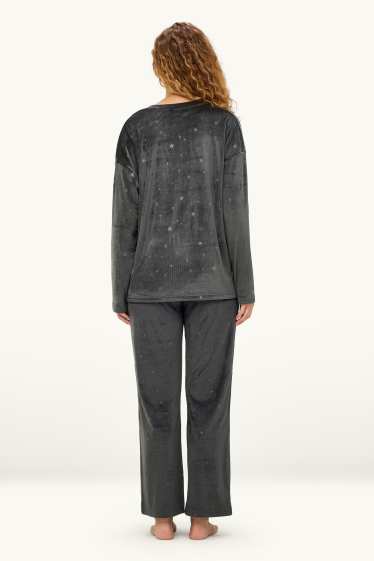Damen - Winterpyjama - gerippt - gemustert - dunkelgrau