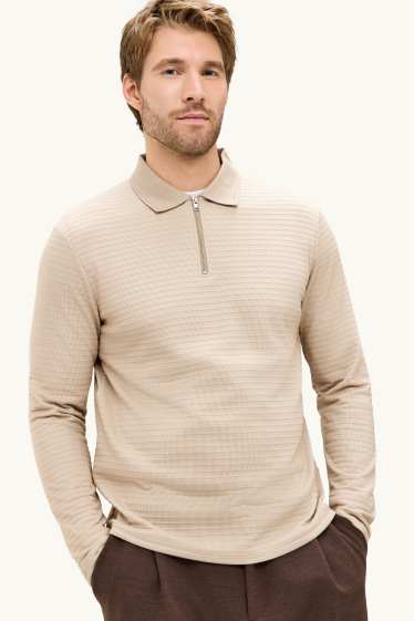 Pánské - Polokošile s dlouhým rukávem - regular fit - žebrovaná - béžová