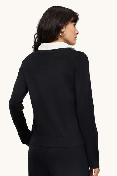 Femmes - Pull à encolure en V - look 2-en-1 - noir / blanc