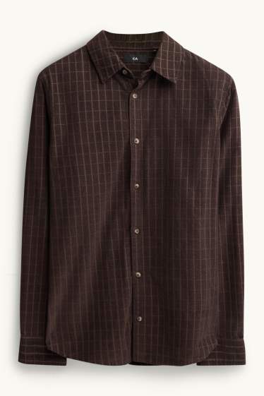 Heren - Corduroy overhemd - regular fit - kent - geruit - donkerbruin